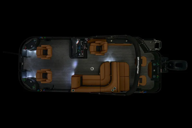 Slide: The Image of 2026 Ranger 220F boat interior with gray seating and console. - 8