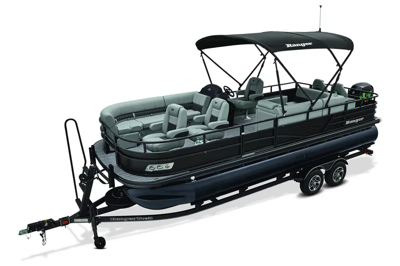 Slide: The Image of 2026 Ranger 220FC pontoon boat on trailer at Tracker Boating Center. - 2