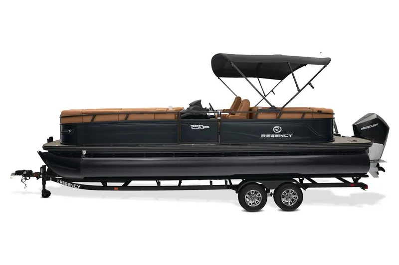 Slide: The Image of Luxurious 2026 Regency 250 DL pontoon boat interior with tan seating and modern design. - 5