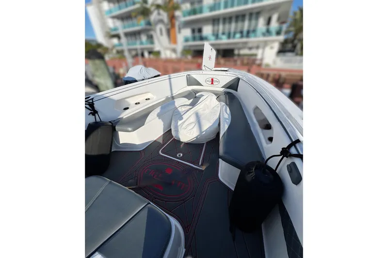 Slide: The Image of 2017 Cigarette 39' GTS boat interior with modern seating and stylish design. - 5