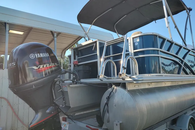 Slide: The Image of 2023 Sylvan Mirage 8520 Party Fish pontoon boat with Yamaha VMAX outboard motor. - 4