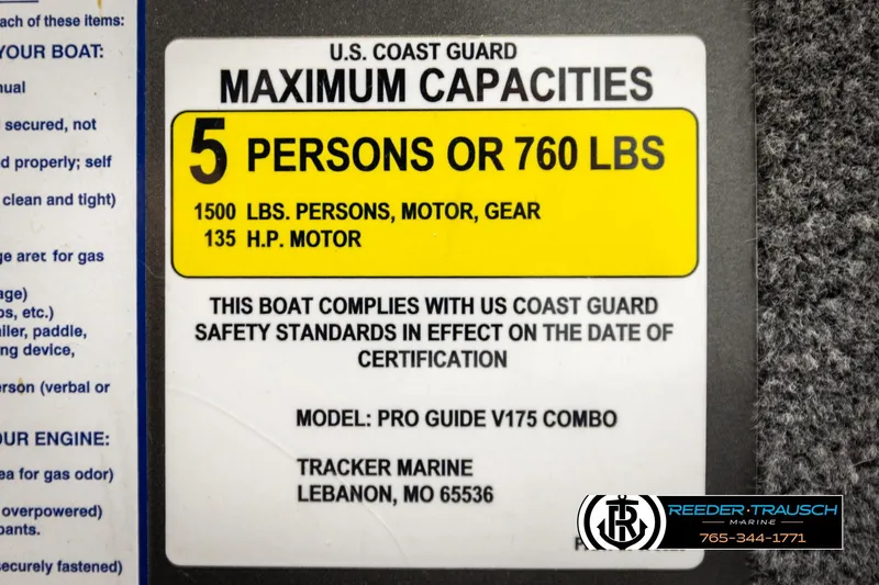 Slide: The Image of 2017 Tracker Pro Guide V-175 Combo capacity label, 5 persons or 760 lbs, 135 HP motor. - 59