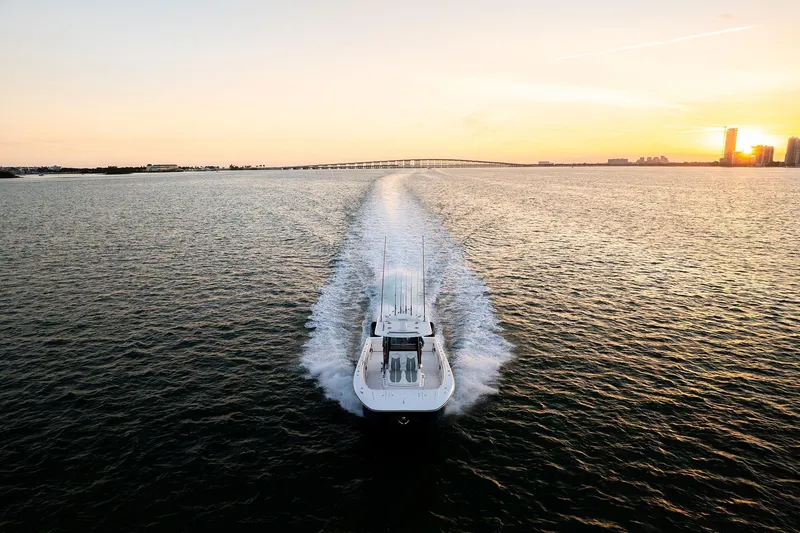 Slide: The Image of 2026 Invincible 36 Catamaran cruising at sunset on open water. - 2
