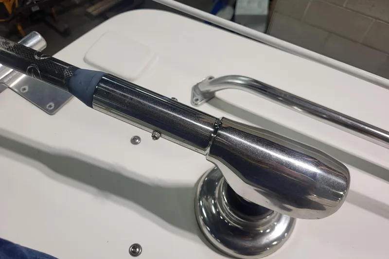 Slide: The Image of Close-up of a 2020 Steiger Craft 31 Miami boat's polished metal railing and fittings. - 16