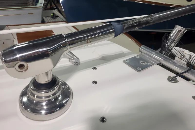 Slide: The Image of Close-up of a 2020 Steiger Craft 31 Miami boat's polished metal railing and deck fittings. - 17