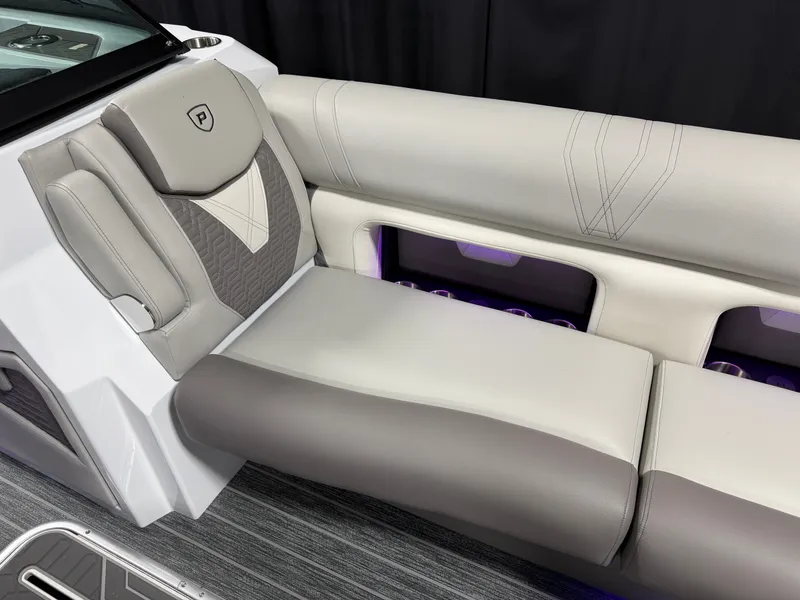 Slide: The Image of Luxurious seating with gray and white upholstery in a modern boat. - 30