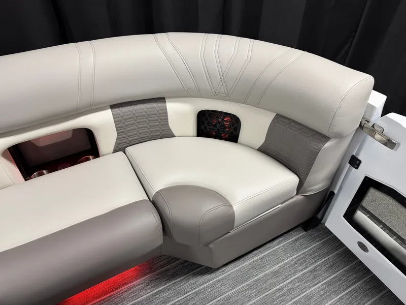 Slide: The Image of Luxurious upholstered seating in a modern boat with stylish design and LED lighting. - 24