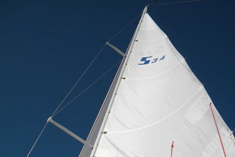 Slide: The Image of White sail of 1986 Sabre 34 MK II against clear blue sky. - 20