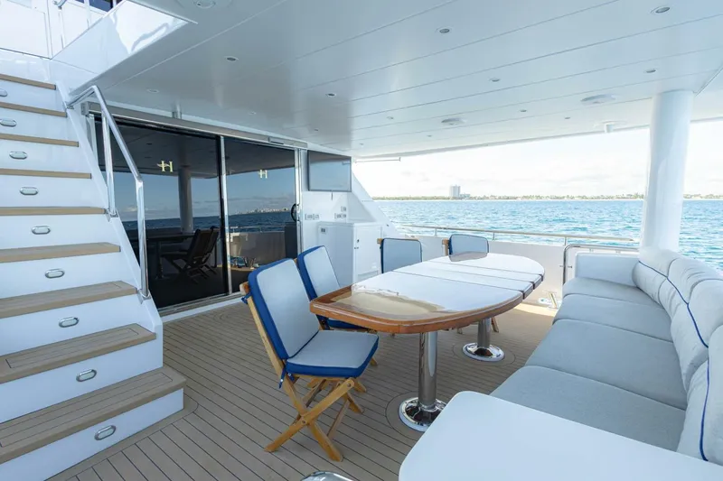 Slide: The Image of Luxurious 2009 Hargrave Enclosed Bridge yacht deck with ocean view and seating area. - 58