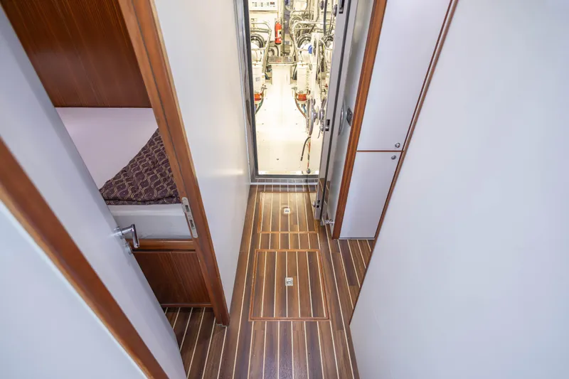 Slide: The Image of Bow view of 2009 Hargrave Enclosed Bridge yacht with ocean and city skyline. - 73