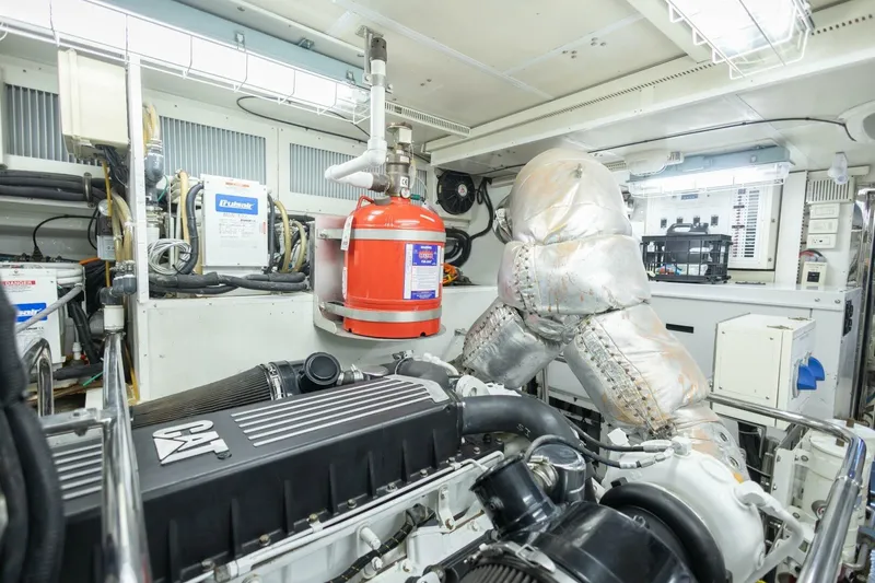 Slide: The Image of Engine room of 2009 Hargrave Enclosed Bridge yacht with CAT engine and safety equipment. - 89