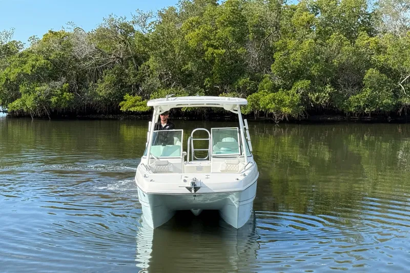 Slide: The Image of 2026 World Cat 230 DC boat navigating calm waters near lush greenery. - 3