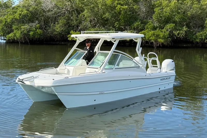 Slide: The Image of 2026 World Cat 230 DC boat on calm water, surrounded by lush greenery. - 4
