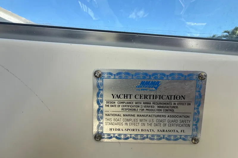 Slide: The Image of Yacht certification plaque on 2007 Hydra-Sports Vector 2900 VX, NMMA compliance, Sarasota, FL. - 142