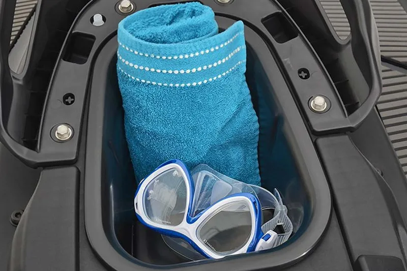 Slide: The Image of 2020 Yamaha WaveRunner EX Deluxe on trailer, rear view in garage setting. - 7