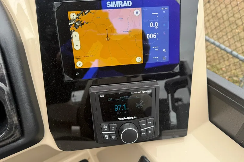 Slide: The Image of Simrad navigation and Rockford Fosgate audio system on 2026 Bentley Pontoons Elite 253 Swingback. - 6