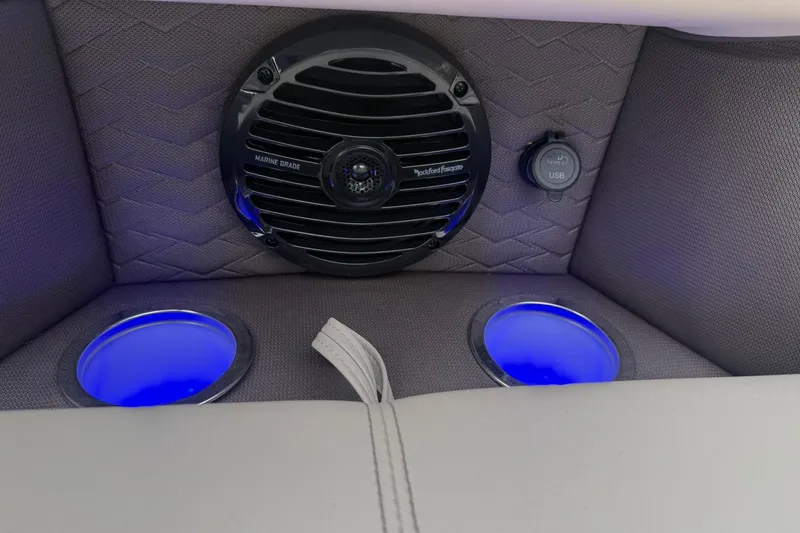 Slide: The Image of Interior of 2026 Bentley Pontoons Elite 253 Swingback with marine speaker and illuminated cup holders. - 8