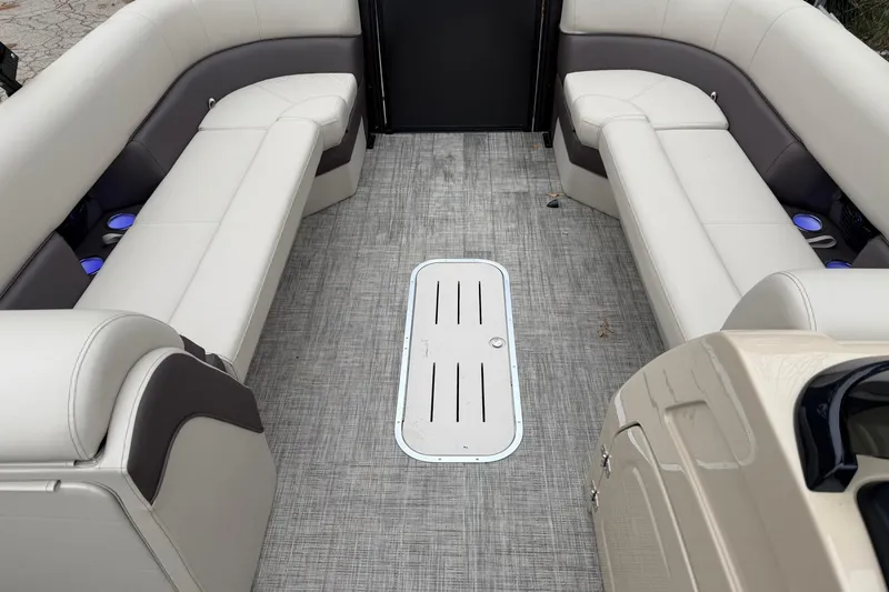 Slide: The Image of Interior of 2026 Bentley Pontoons Elite 253 Swingback with luxurious seating and modern design. - 9