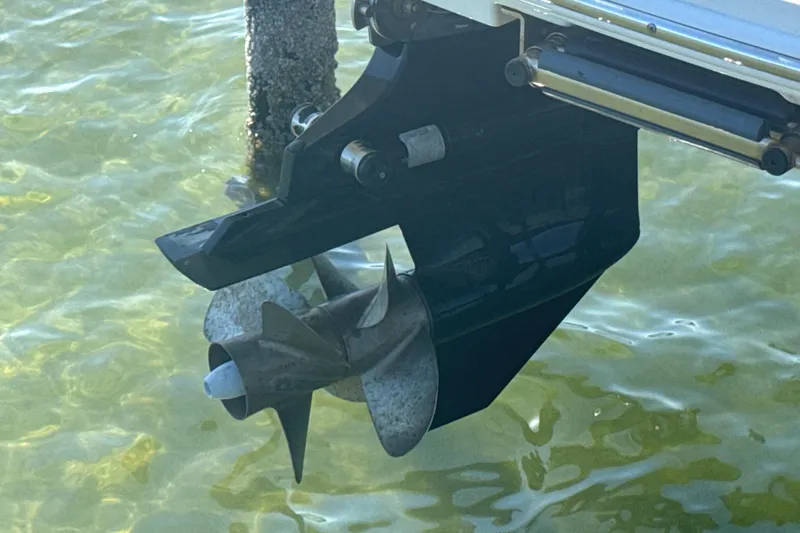 Slide: The Image of Close-up of 2024 Sea Ray SDX 270 boat propeller in water. - 41