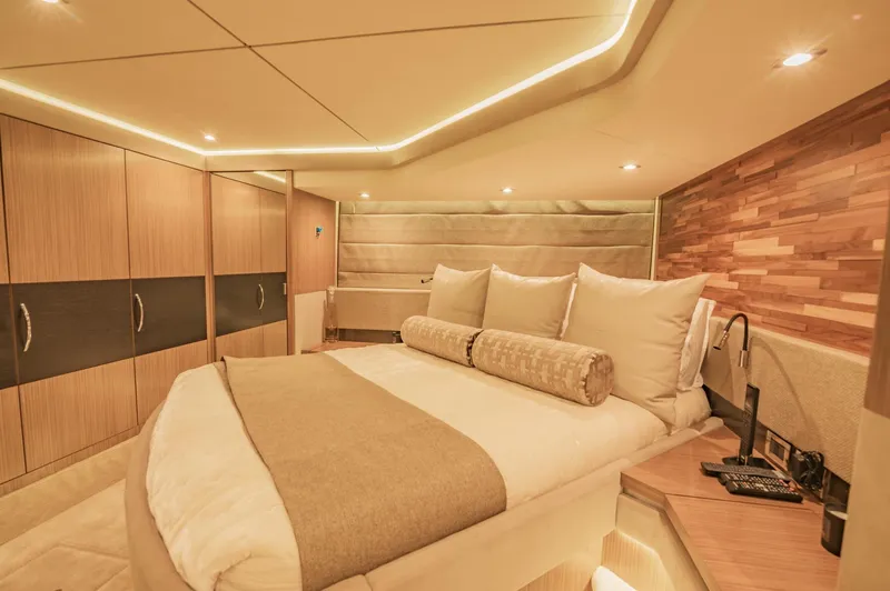 Slide: The Image of Luxurious bedroom interior of 2018 Sea Ray L590 yacht with modern design. - 43