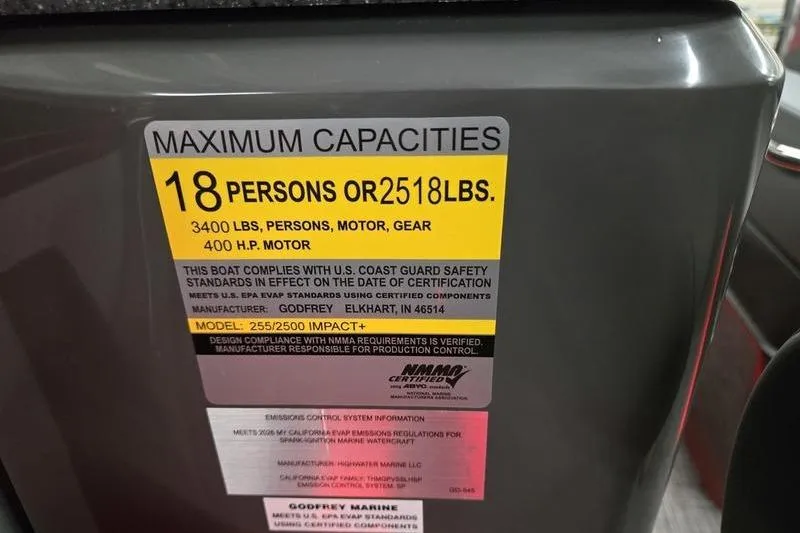Slide: The Image of Maximum capacity label on AquaPatio 235 DFL, 2026 model, showing weight and person limits. - 10