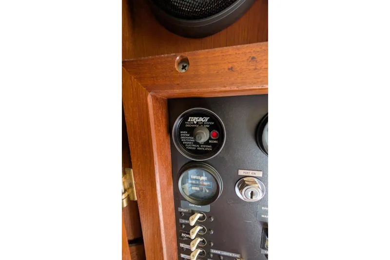 Slide: The Image of 1984 Chris-Craft 382 Commander dashboard with gauges and controls. - 59