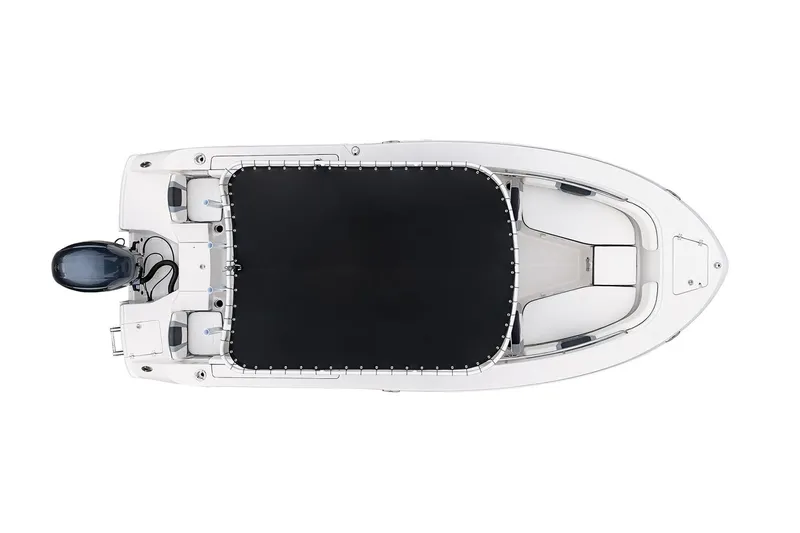 Slide: The Image of Manufacturer Provided Image: 2025 Robalo R200 Center Console boat, top view, sleek design, black and white color scheme. - 10