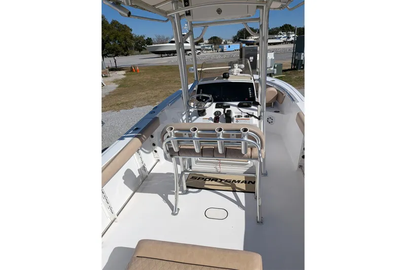 Slide: The Image of 2020 Sportsman Open 232 Center Console boat interior with helm and seating. - 10