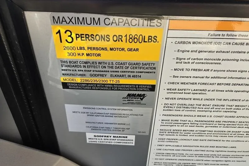 Slide: The Image of Capacity label for 2025 Godfrey Sweetwater 2286 QS, 13 persons or 1860 lbs, 300 HP motor. - 10