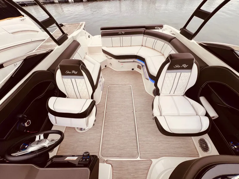 Slide: The Image of Interior of a 2017 Sea Ray SLX 250 boat with luxurious seating. - 15