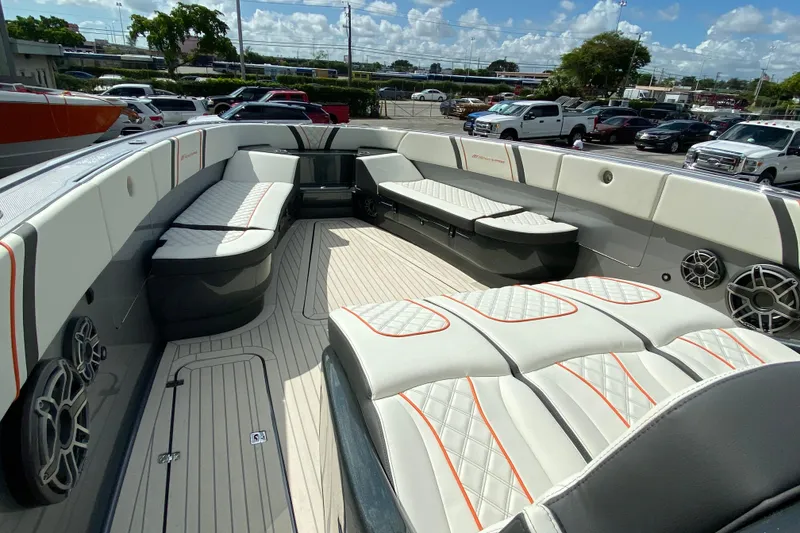 Slide: The Image of Luxurious seating on a Midnight Express 43 Open boat, featuring stylish upholstery and spacious layout. - 2