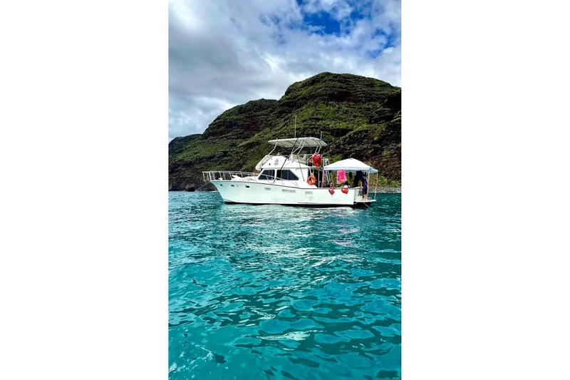 The Image of 1977 Pacifica 44 Convertible boat on turquoise water near lush green cliffs. - 0