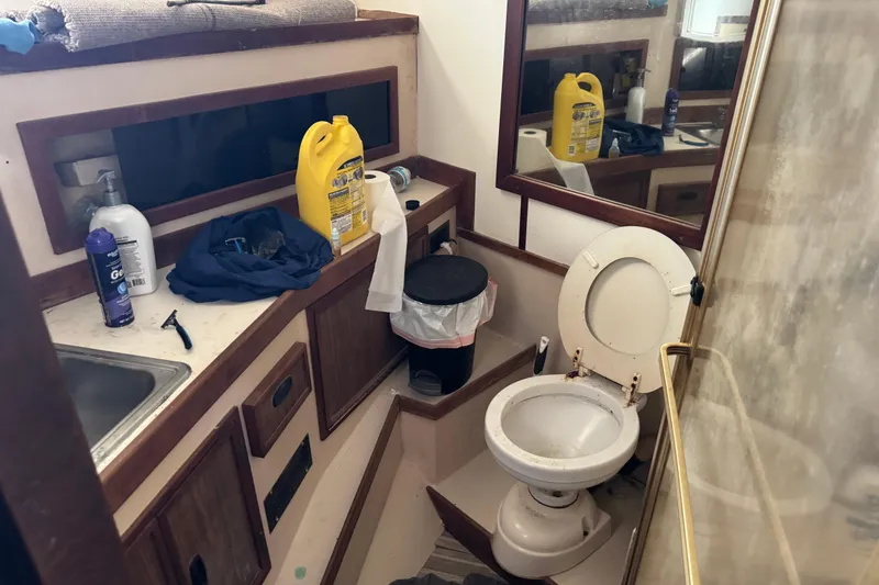 Slide: The Image of 1977 Pacifica 44 Convertible bathroom with sink, toilet, and cleaning supplies. - 14