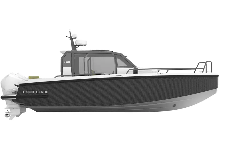 Slide: The Image of 2021 XO Boats DFNDR 9 cockpit with modern steering and navigation controls. - 35