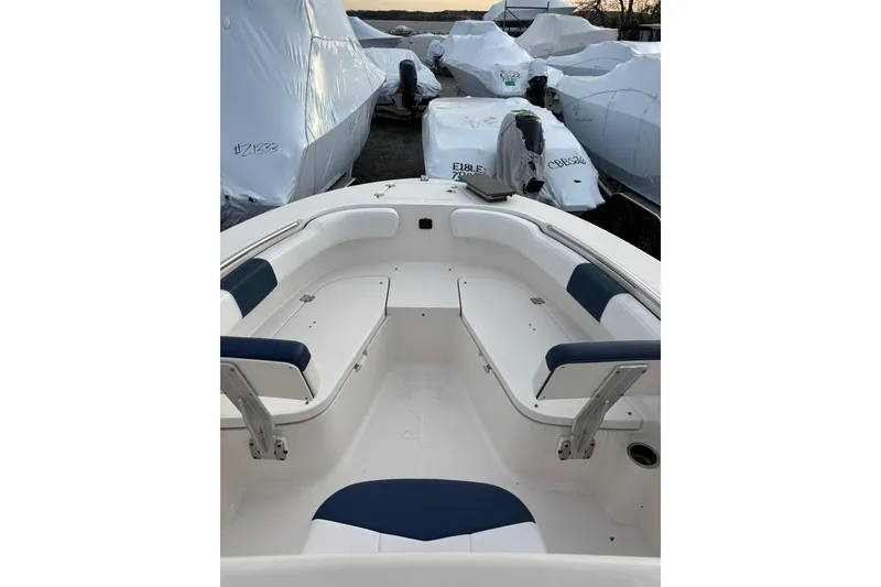 Slide: The Image of 2021 Robalo R200 Center Console boat interior with blue and white seating. - 10