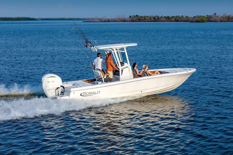Slide: The Image of Manufacturer Provided Image: 2025 Robalo 246 Cayman boat cruising on a serene lake with passengers onboard. - 12