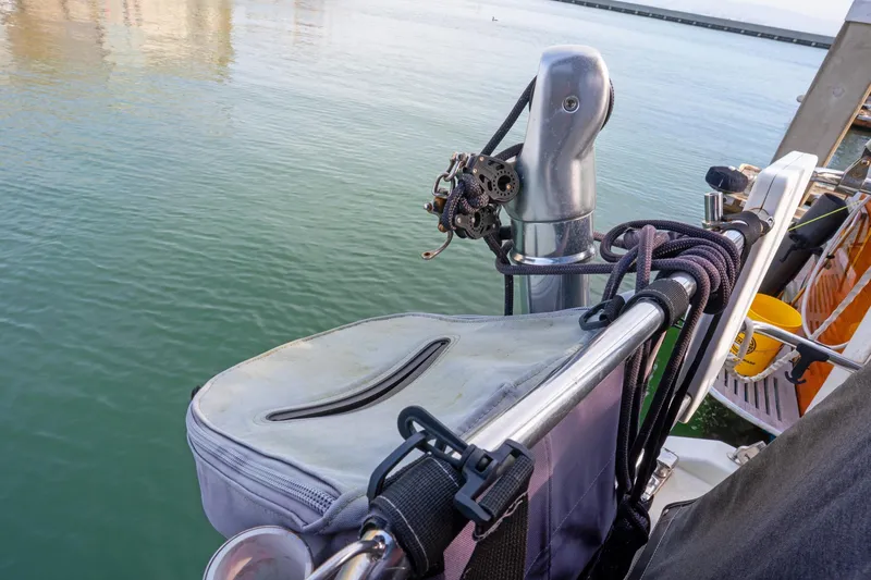 Slide: The Image of Beneteau Oceanis 461 sailboat deck detail, featuring ropes and equipment, 2022 model. - 63