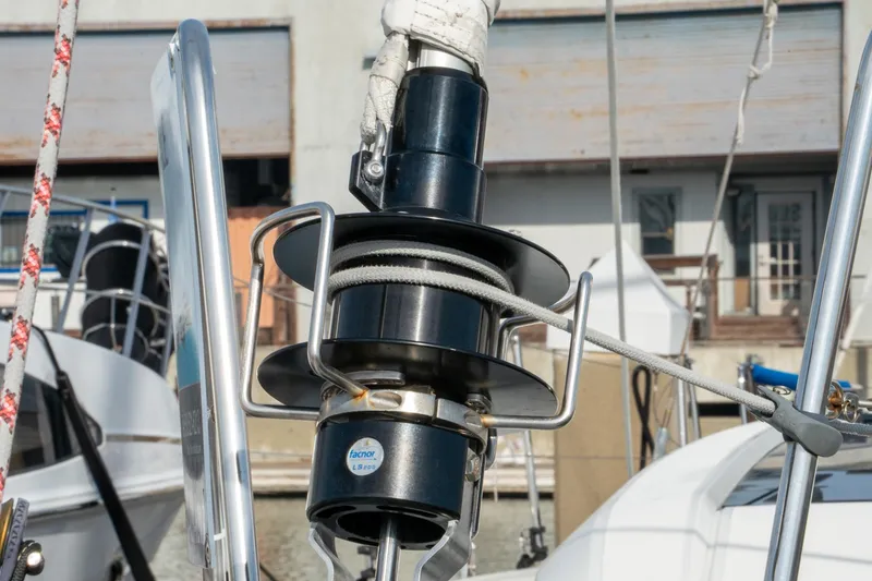 Slide: The Image of Close-up of Beneteau Oceanis 461 sailboat rigging, 2022 model, at a marina. - 9