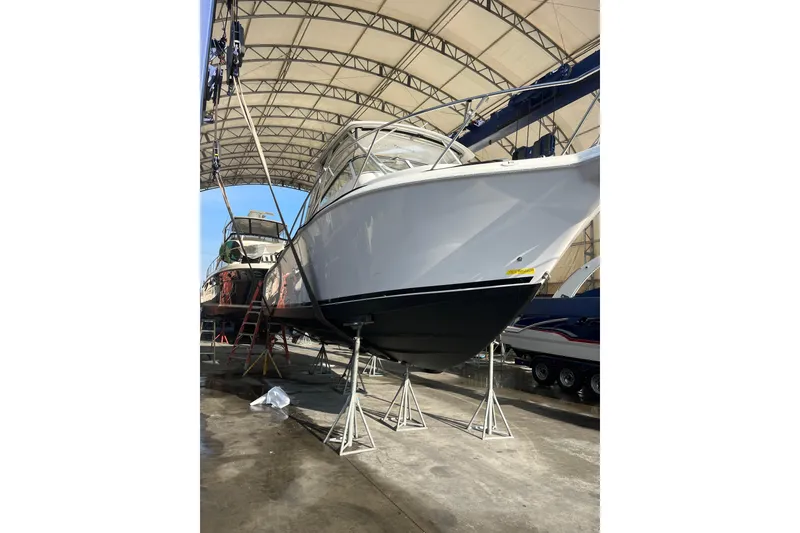 Slide: The Image of 2006 Pro-Line 32 Express boat in covered storage, elevated on stands. - 17