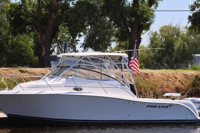 Slide: The Image of 2006 Pro-Line 32 Express boat docked by a grassy shoreline with trees. - 4