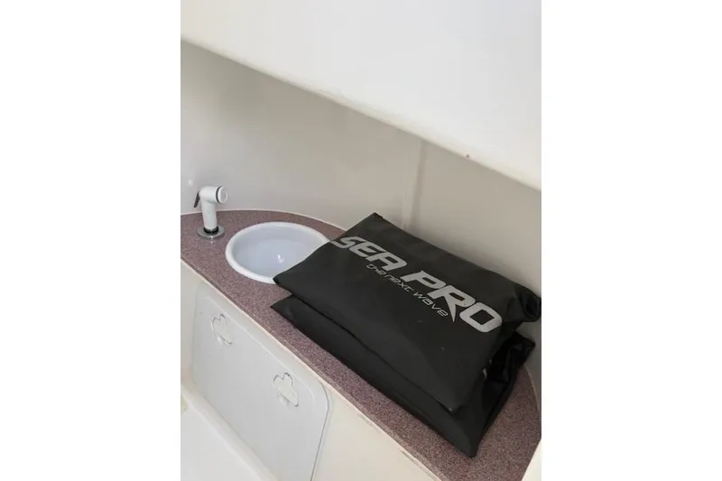 Slide: The Image of 2023 Sea Pro 259 DLX boat interior with sink and branded cushion. - 14