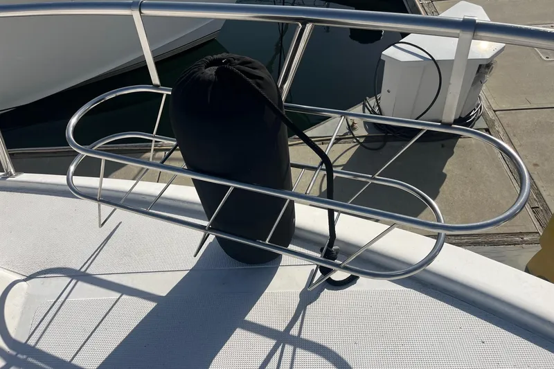 Slide: The Image of Bathroom interior of 1990 Mikelson 48 Sportfisher with shower and sink. - 22