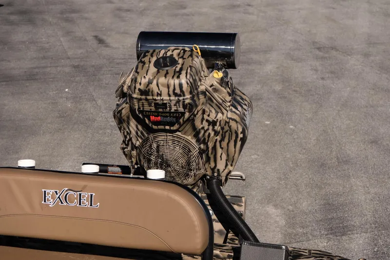 Slide: The Image of 2026 Excel 1860 Shallow Water F4 CC boat engine with camouflage design. - 16