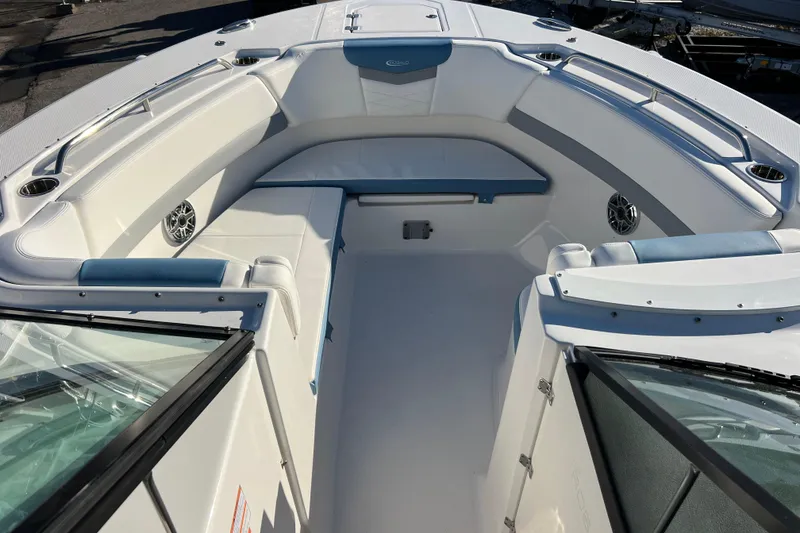 Slide: The Image of 2026 Robalo R317 Dual Console boat interior with spacious seating and modern design. - 14