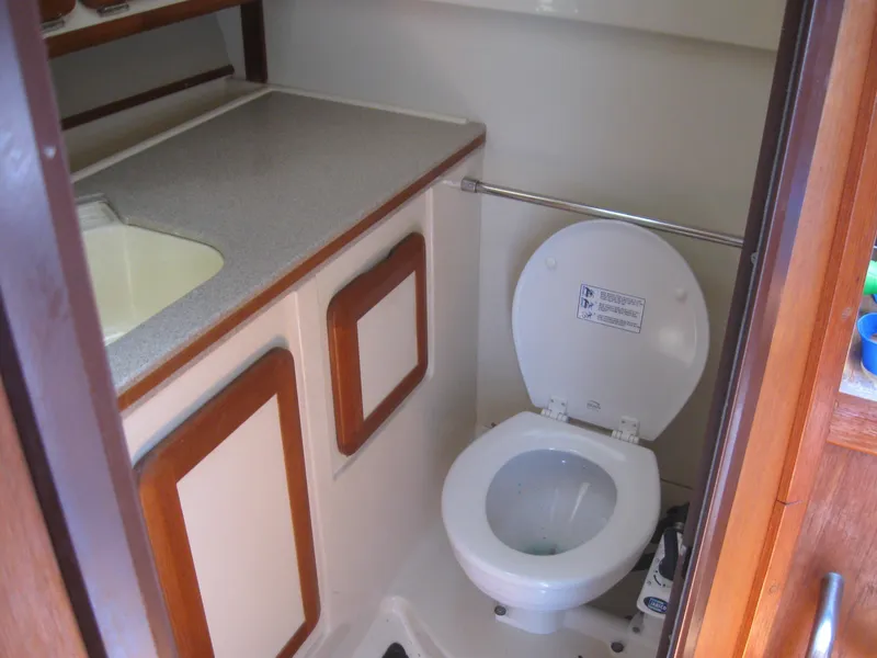 Slide: The Image of 1995 Hunter 35.5 yacht bathroom with toilet and sink. - 40