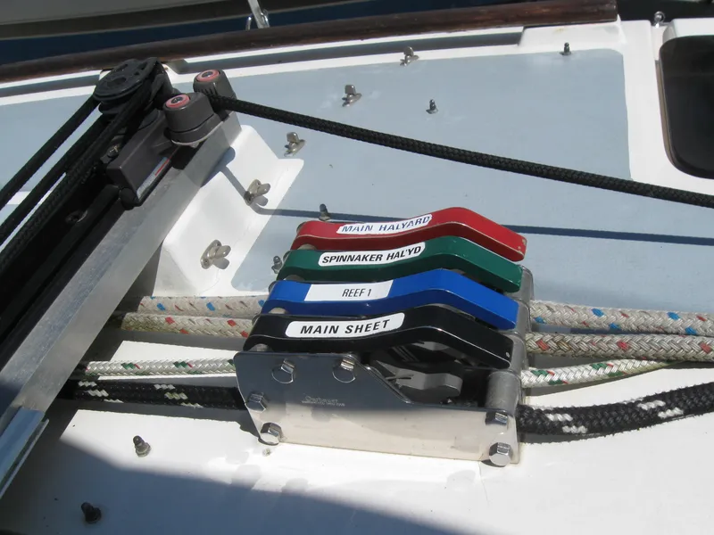 Slide: The Image of Sailboat rigging with colored levers, Hunter 35.5, year 1995. - 8