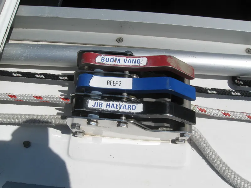 Slide: The Image of Close-up of sailboat cleats on a 1995 Hunter 35.5. - 9