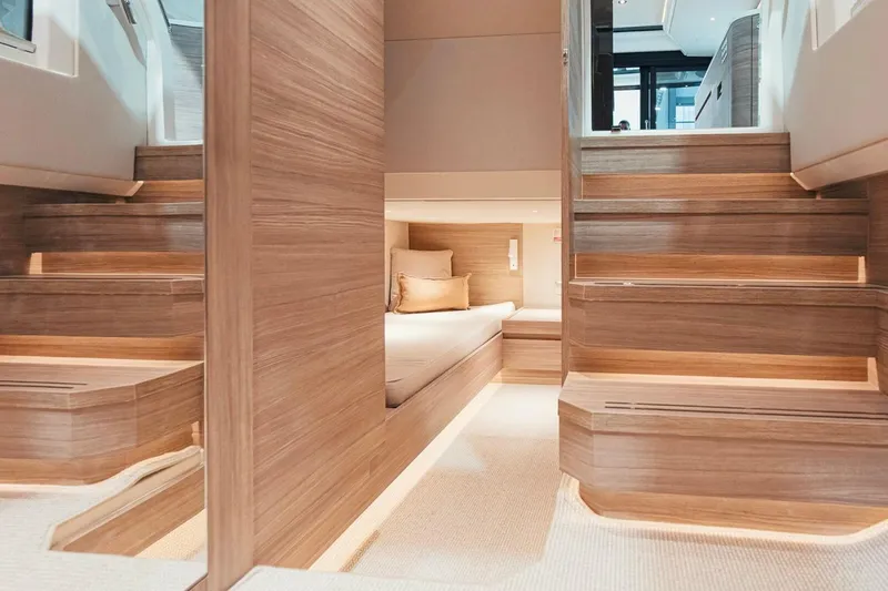 Slide: The Image of Luxurious interior of 2026 Saxdor 460 GTC yacht with modern wooden design. - 18