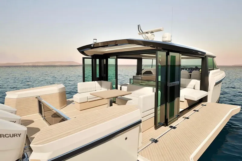 Slide: The Image of 2026 Saxdor 460 GTC luxury yacht on serene water, featuring modern design and spacious deck. - 3