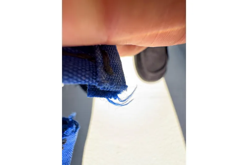 Slide: The Image of Close-up of blue fabric detail on 1997 Carver 350 Mariner boat. - 21
